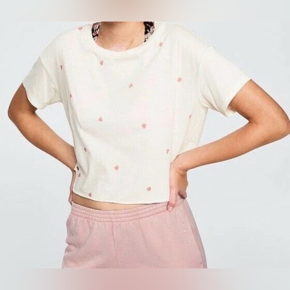 Victoria's Secret PINK Crop Top T-Shirt White Logo Hearts Size Large
